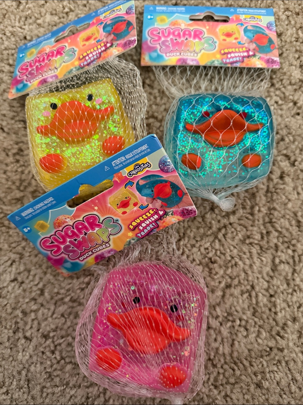 Sugar swaps duck cubes squishy bundle Glitter Duck Toy - Pink, Blue, Yellow